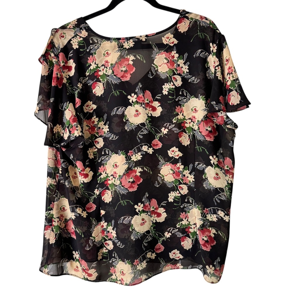 Chaps Floral Ruffle Blouse Sheer Top Elegant Party Black Pink 2X - Picture 5 of 7